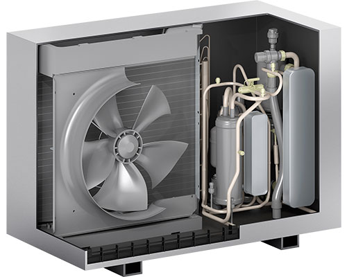 Monoblokk õhk-vesi soojuspumba välisosa läbilõige